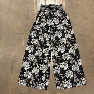 DaHui Hawaii Pants Womens Medium Black White Floral Wide Leg Linen Blend Smocked